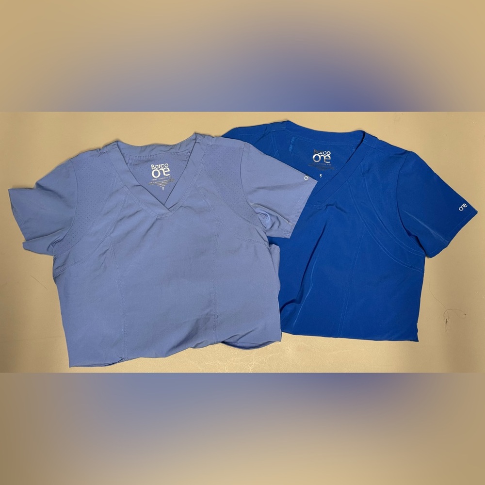Pair of Barco One Women's Blue Scrub Top Size S Medical 50% Polyester Uniform